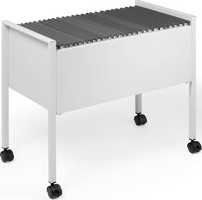 Eine weiße Rollwagen-Ablage auf Rollen, mit schwarzen Stangen zur Papierablage, steht auf einem hellen Boden.