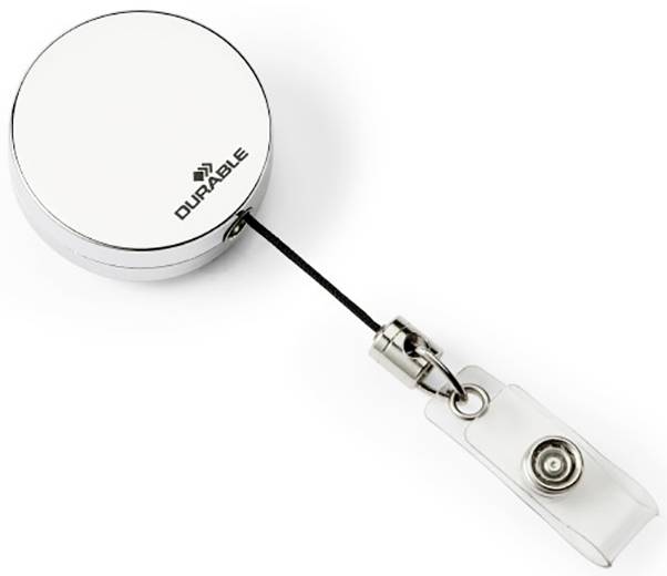 Runder Ausweishalter mit ausziehbarem Band und Metallclip, Marke DURABLE, geeignet zum Befestigen von Ausweisen oder Karten.