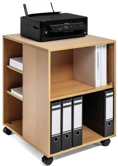 Ein mobiler Holzschrank mit mehreren Fächern, auf dem ein Drucker steht. Enthält Ordner und Papierstapel zur Organisation.