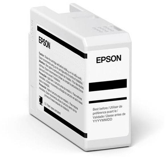 Weiße Epson-Druckerpatrone mit schwarzem Text. Enthält Anweisungen zur Verwendung und ein Feld für das Verfallsdatum.