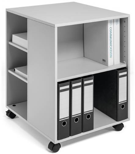 Ein weißer, rollbarer Aktenschrank mit vier Fächern, gefüllt mit Ordnern und einem Buch mit der Aufschrift 'Communication'.