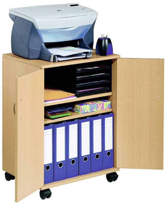 Ein Drucker steht auf einem rollbaren Holzschrank. Darin befinden sich geöffnete Ordner, Papier und Büroutensilien.