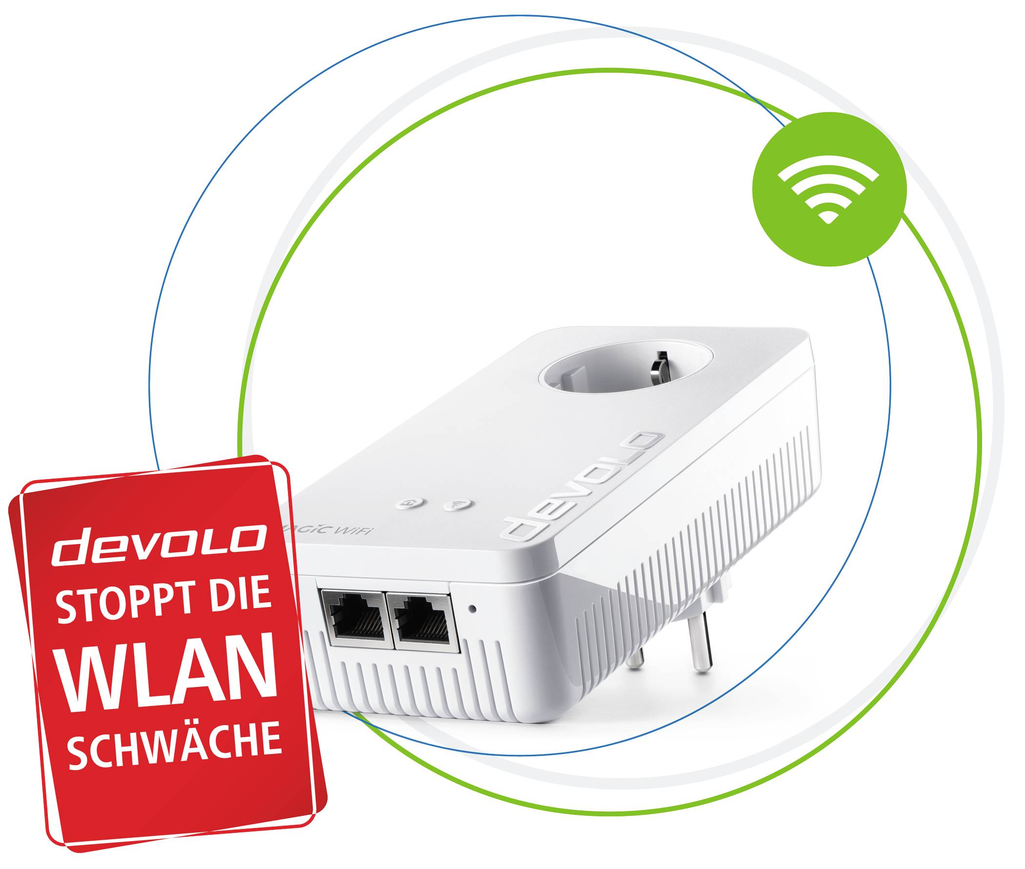 Ein weißer WLAN-Adapter von Devolo mit zwei Ethernet-Anschlüssen. Text auf rotem Schild: 'Devolo stoppt die WLAN-Schwäche'.
