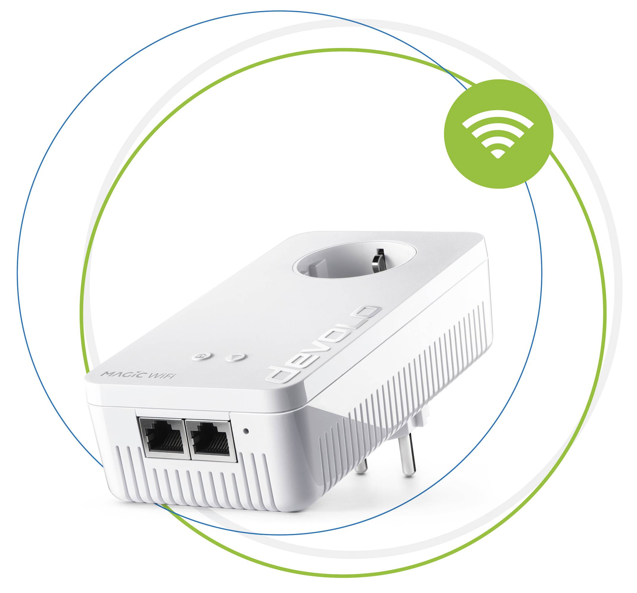 Steckdosenadapter mit WLAN-Symbol, zeigt einen Netzwerkadapter mit zwei Ethernet-Ports und integrierter Steckdose.