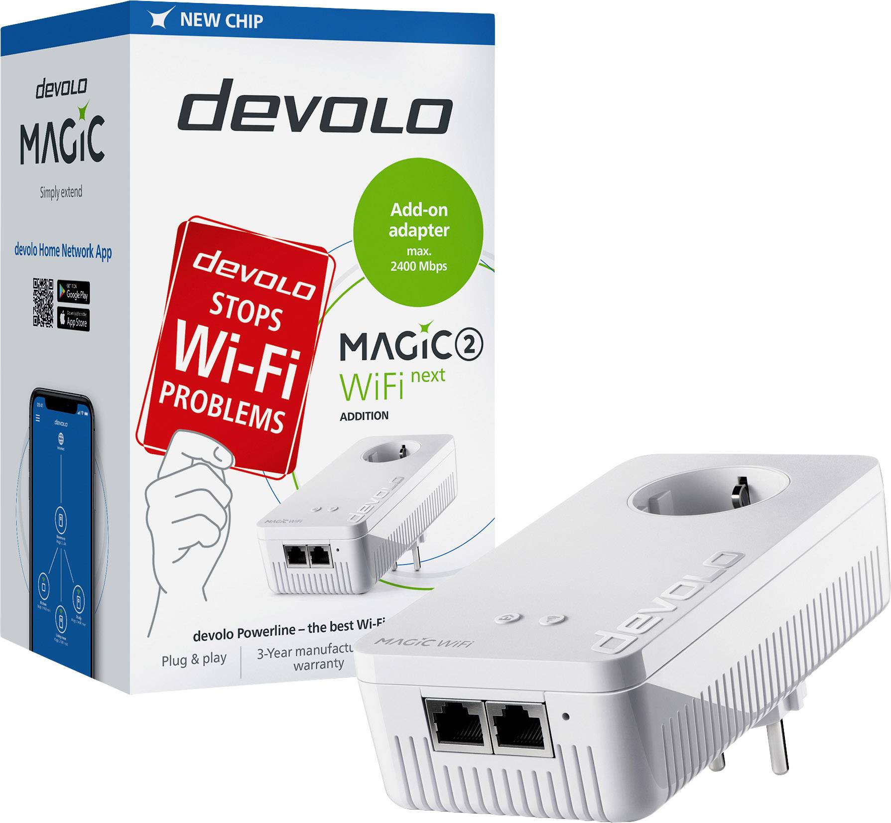 'Devolo Magic 2 WiFi next' Netzwerkadapter-Box. Hauptmerkmale: Plug & Play, bis zu 2400 Mbps, inklusive Steckdosenadapter.