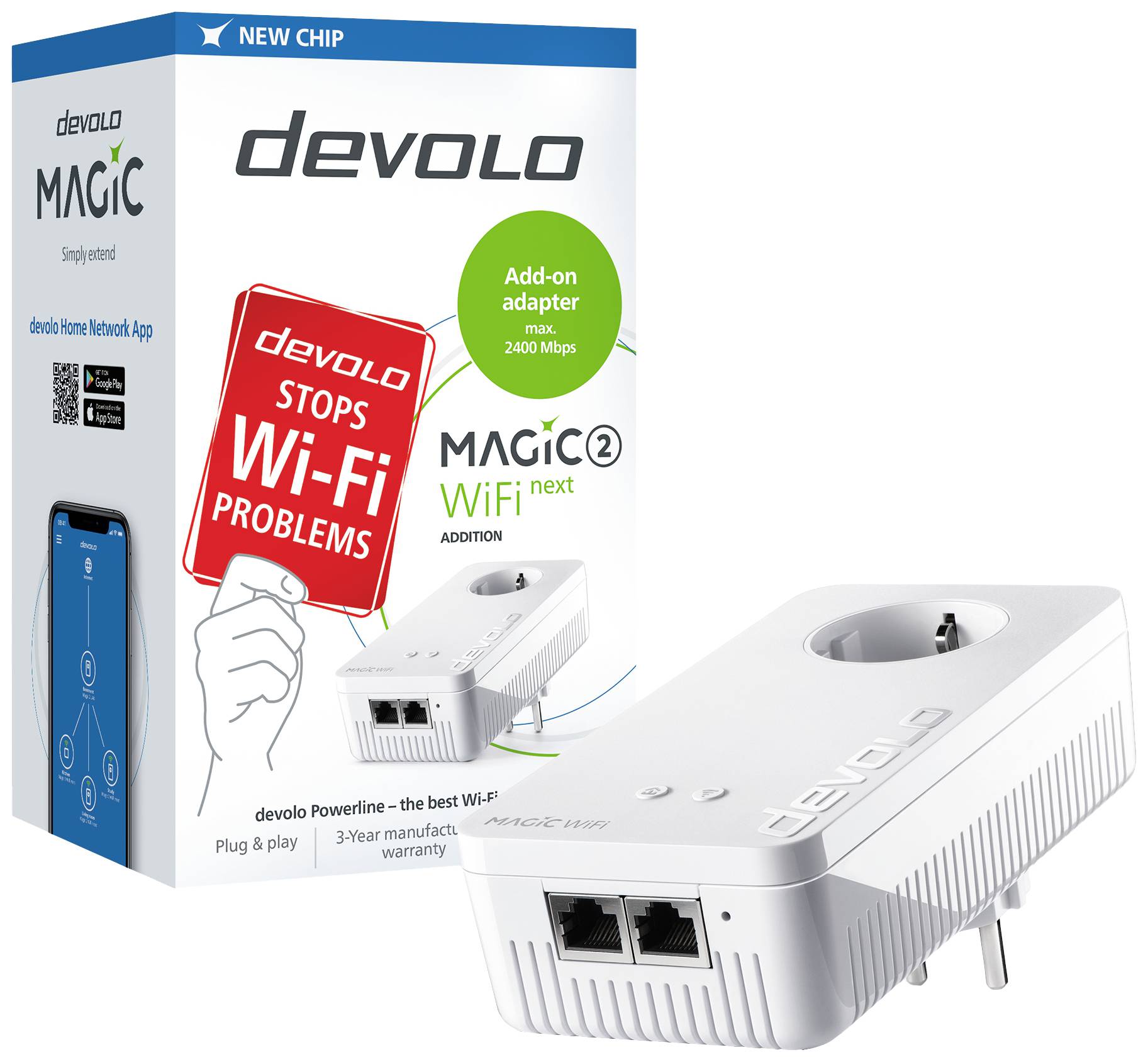 'devolo Magic 2 WiFi next' Powerline-Adapter, 2400 Mbps, zur Erweiterung Netzwerkabdeckung; enthält ein Gerät und Verpackung.
