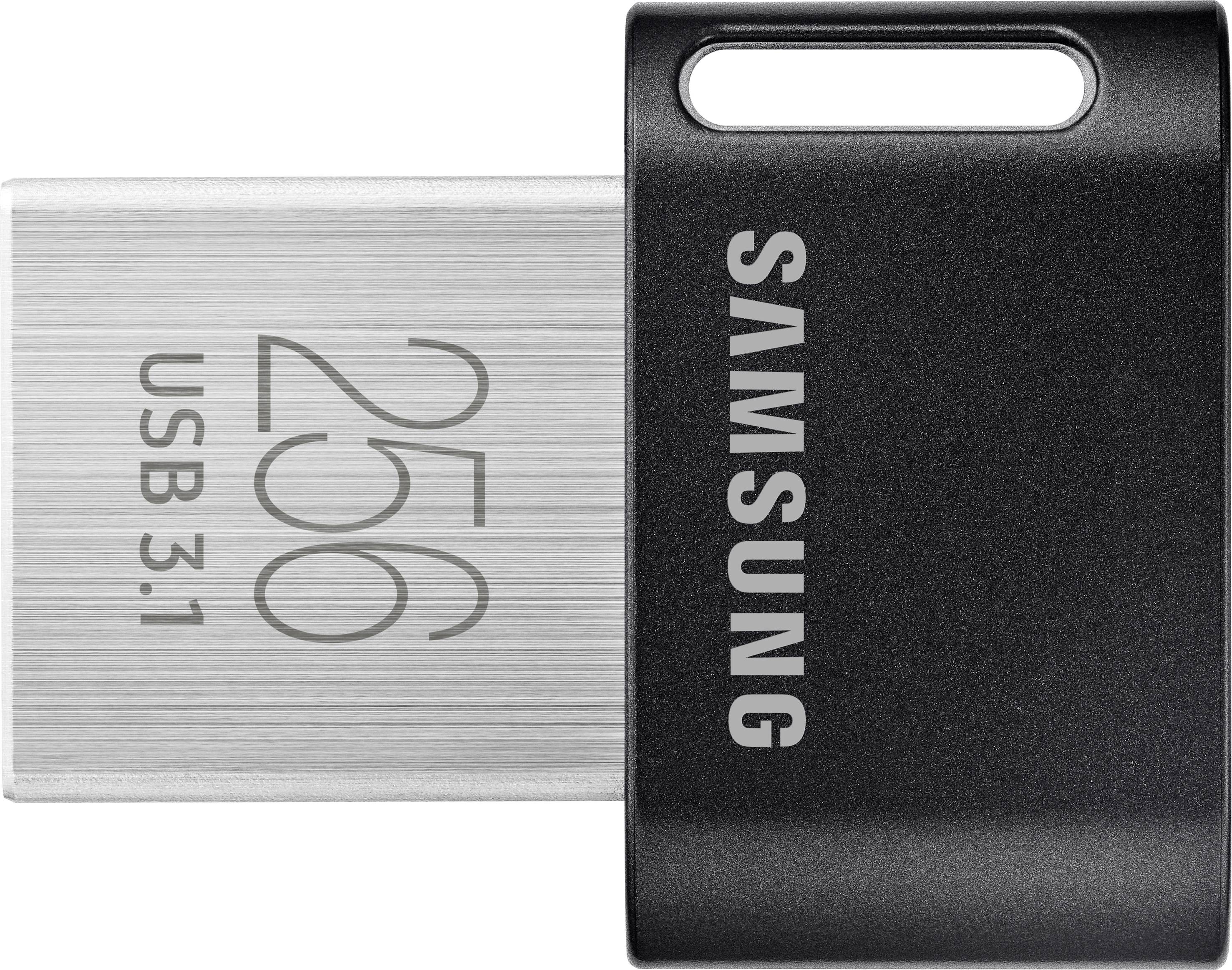 Schwarzer USB-Stick mit Aufschrift 'Samsung' und Speicherkapazität von 256 GB USB 3.1 auf silbernem Teil.