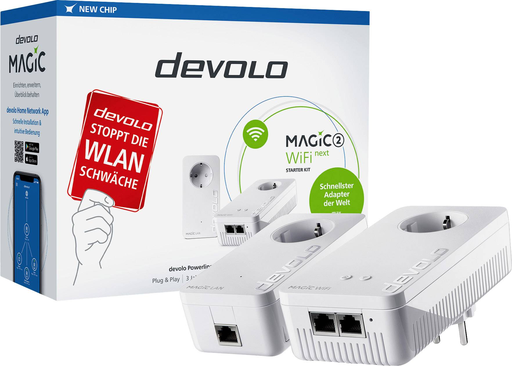 'devolo Magic 2 WiFi next' Adapter in und außerhalb der Verpackung; verspricht schnellere Verbindung und Reduzierung von WLAN-Schwächen.