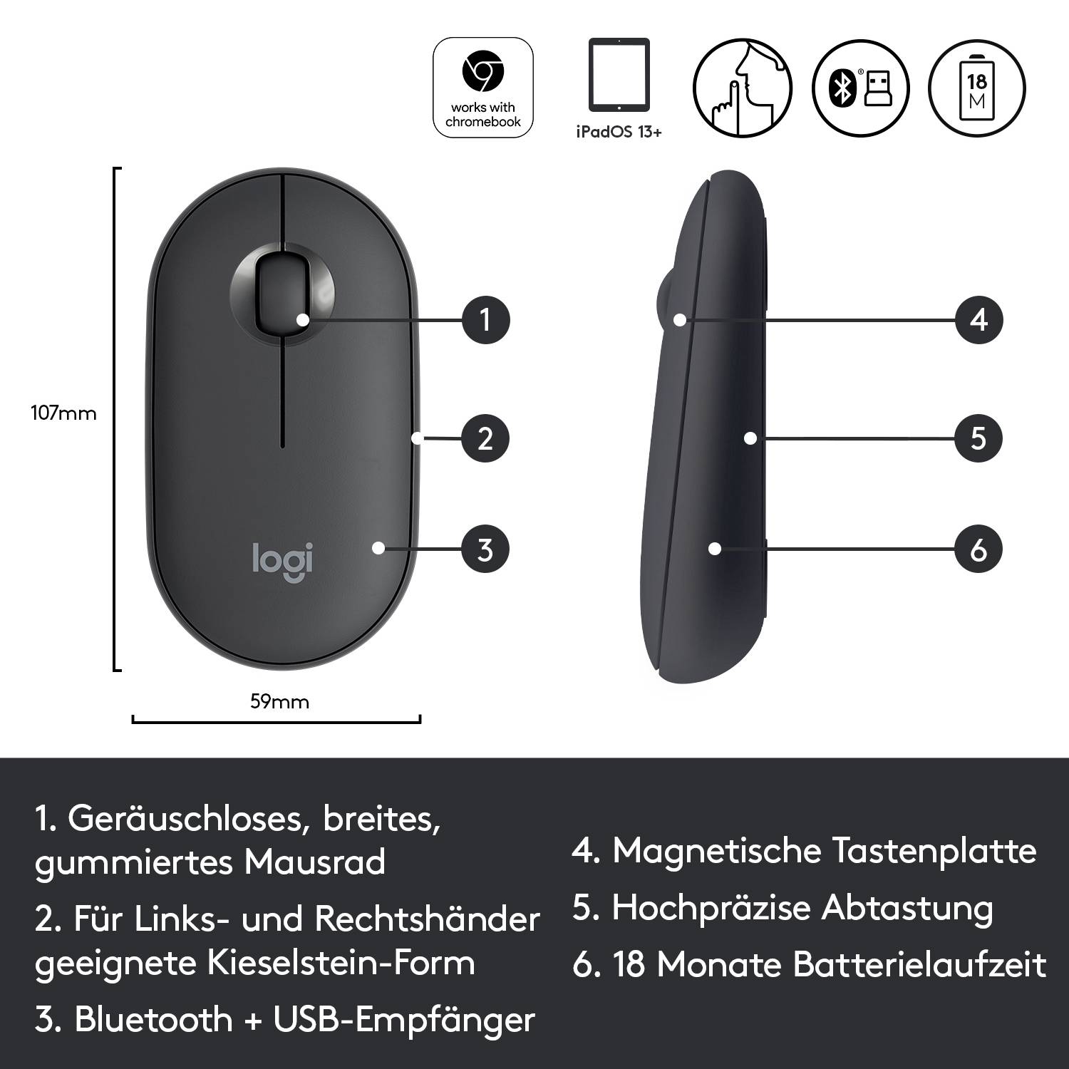 Logitech Pebble M350 Maus Bluetooth®, Funk Optisch Schwarz 3 Tasten 1000 dpi Geräuscharme Tasten