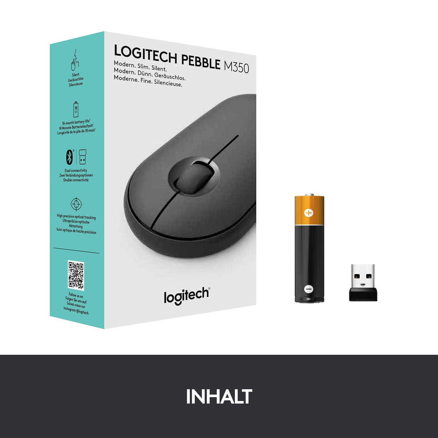 Logitech Pebble M350 Maus Bluetooth®, Funk Optisch Schwarz 3 Tasten 1000 dpi Geräuscharme Tasten