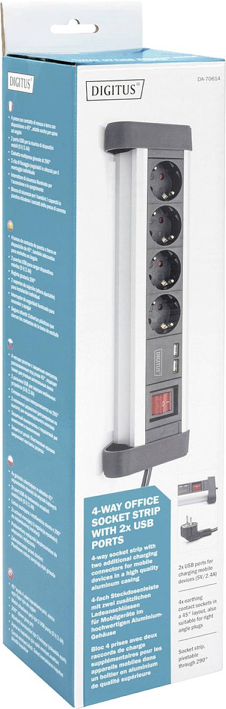 Eine Steckdosenleiste mit vier Steckplätzen und zwei USB-Anschlüssen, ideal für Büros. Verpackung zeigt Marke und Produktdetails.