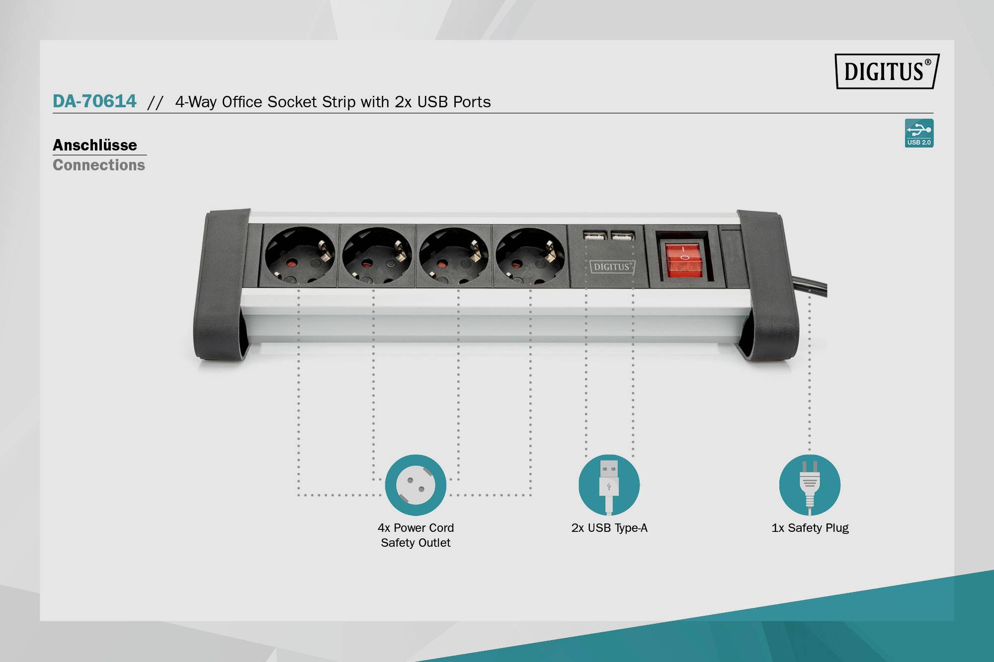 Digitus DA-70614 Steckdosenleiste mit Schalter Aluminium, Alusilber, Schwarz, Silber Schutzkontakt 1St.