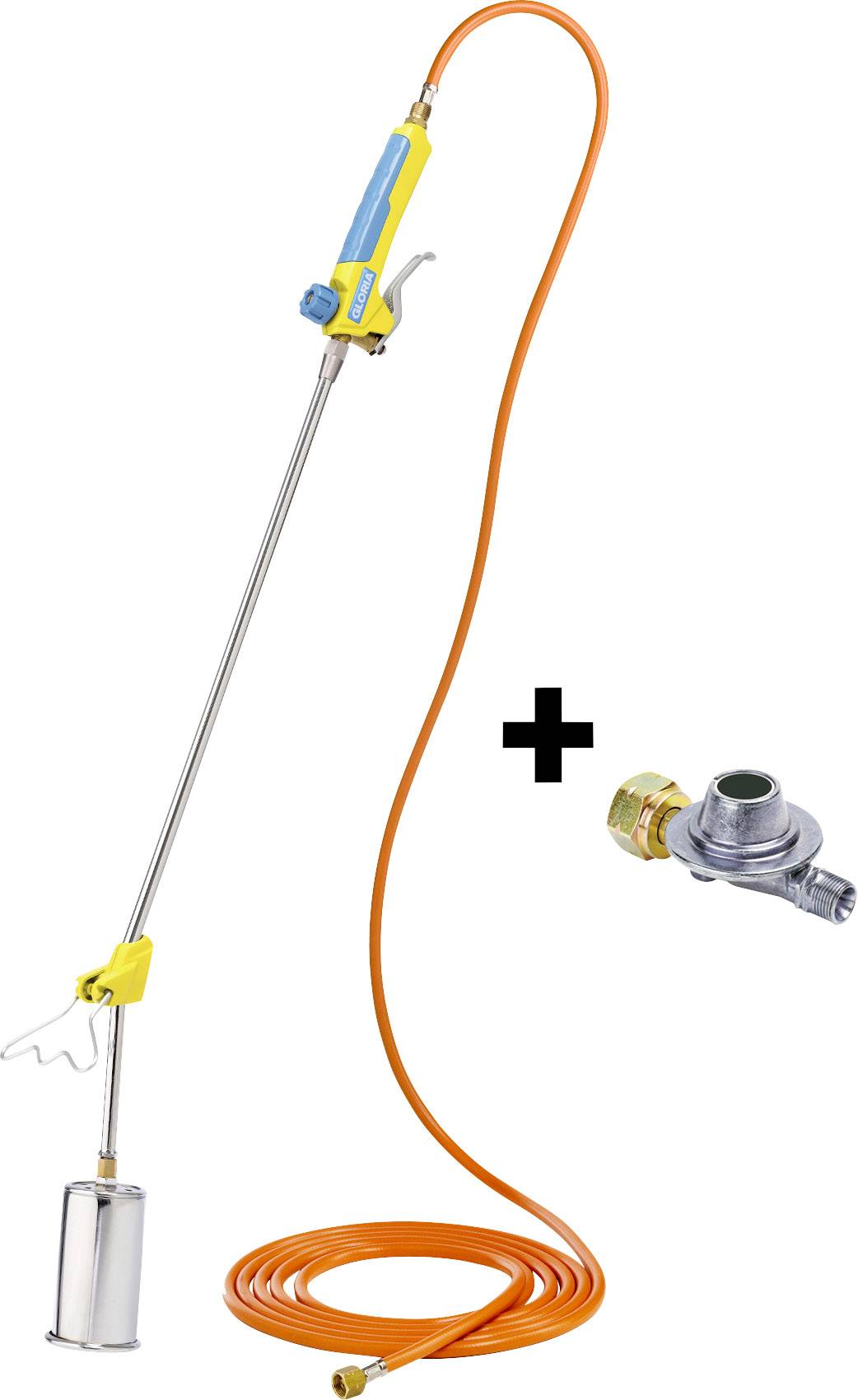 Gasbrenner mit langem Metallstab und gelbem Griff, verbunden mit orangem Schlauch. Zusätzlich ein Adapter mit Ventil abgebildet.