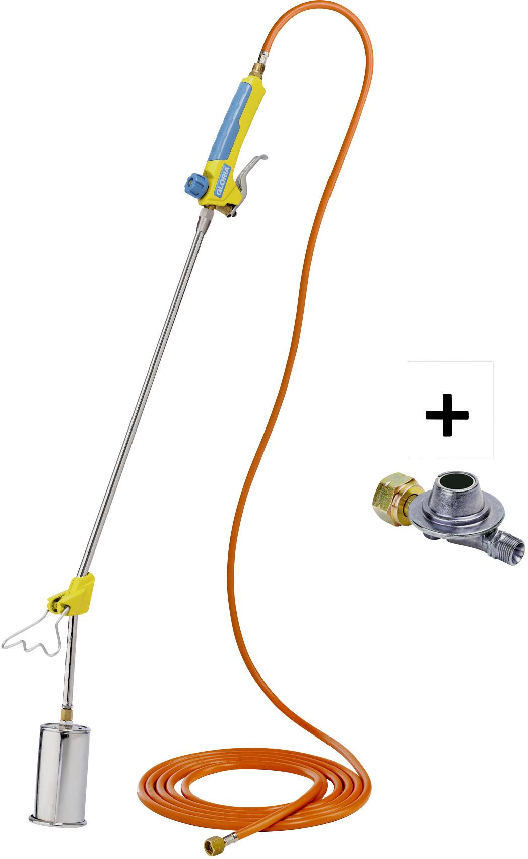 Unkrautbrenner-Set mit langer Metalllanze, orangener Gasschlauch und Gaskartuschenadapter. Ideal zum umweltfreundlichen Unkrautentfernen.