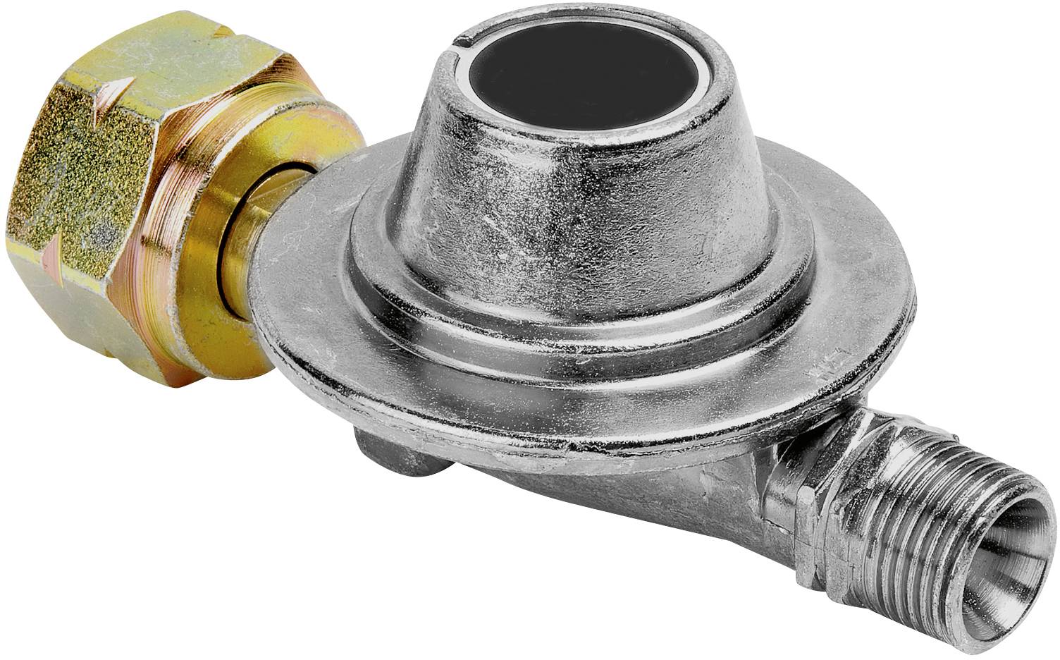 Gasschlauchregler mit Messinganschluss und Metallgehäuse, verwendet zur Regelung des Gasflusses bei Gasgeräten.