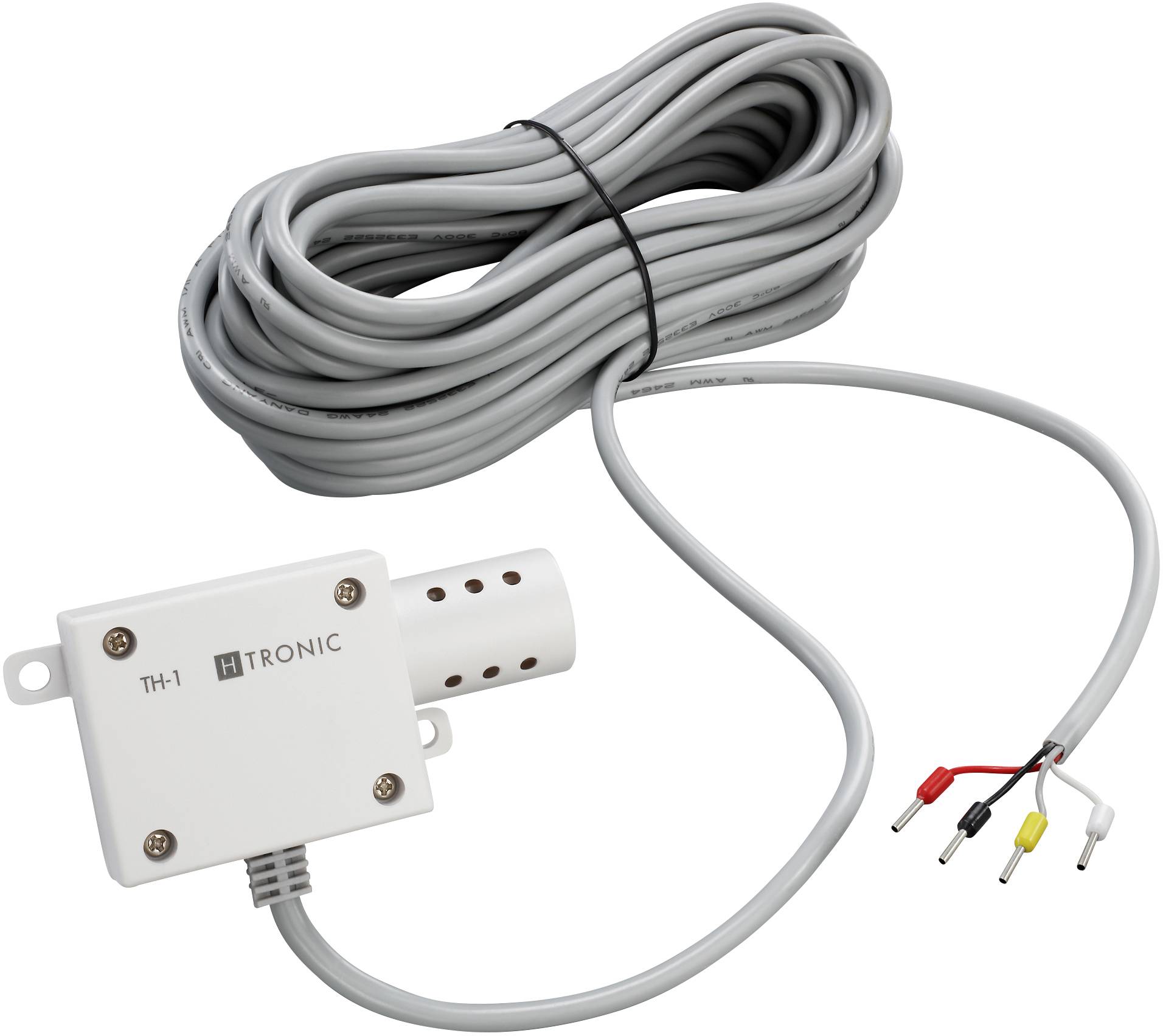 Ein Sensor mit der Aufschrift 'H-Tronic TH-1', verbunden mit einem langen, aufgerollten Kabel, und vier freiliegenden, farbigen Drähten.