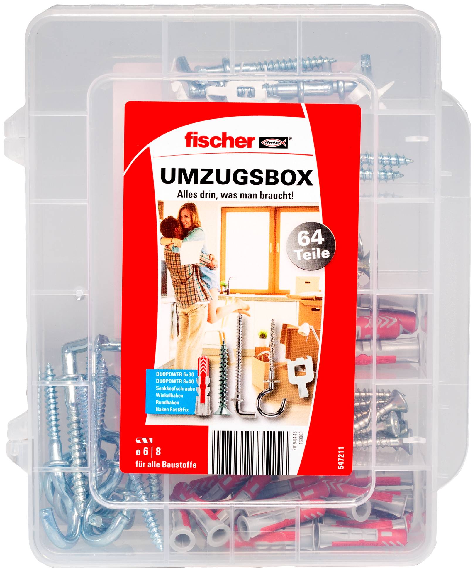 Durchsichtige Kunststoff-Aufbewahrungsbox gefüllt mit verschiedenen Schrauben und Dübeln, mit der Aufschrift „fischer UMZUGSBOX" und „64 Teile" auf der Vorderseite.