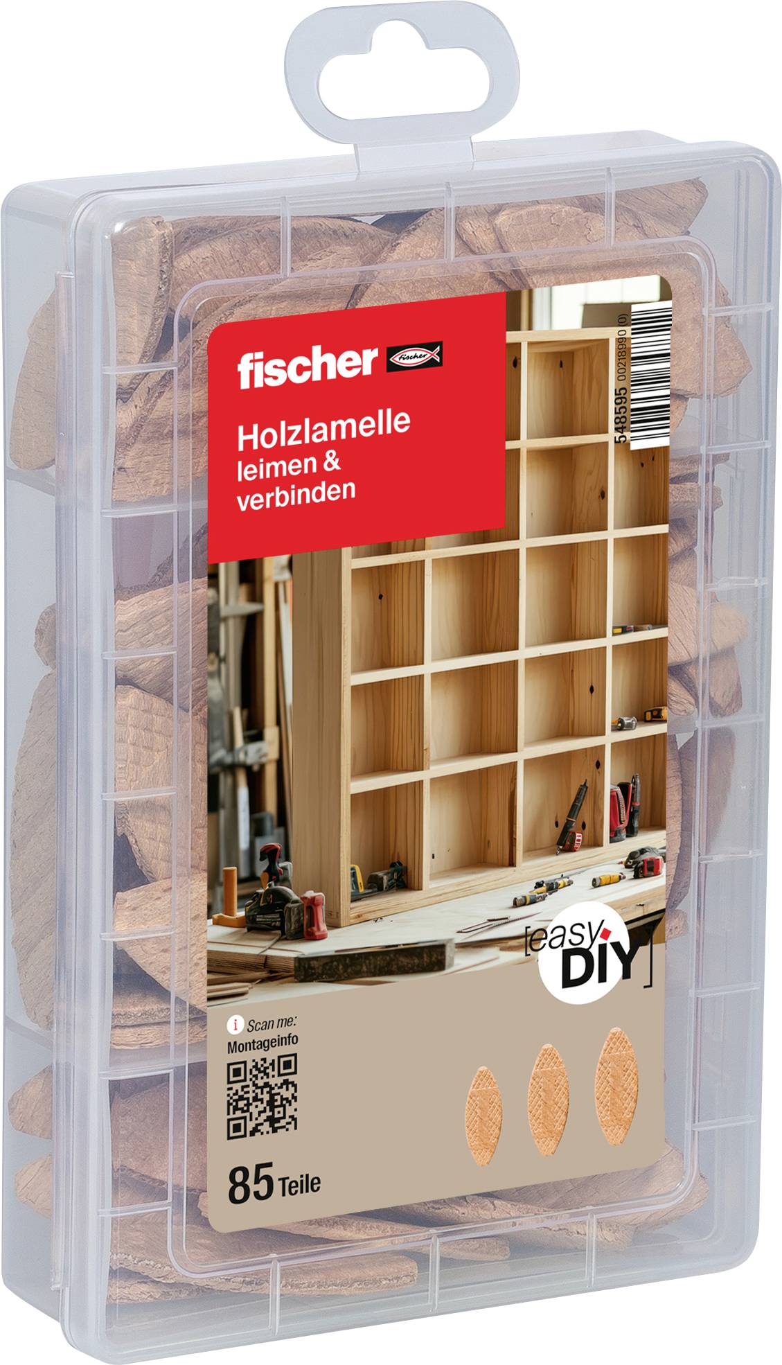 Fischer Holzlamellen-Sortiment in einer transparenten Kunststoffbox, beschriftet mit „Holzlamelle holen & verbinden