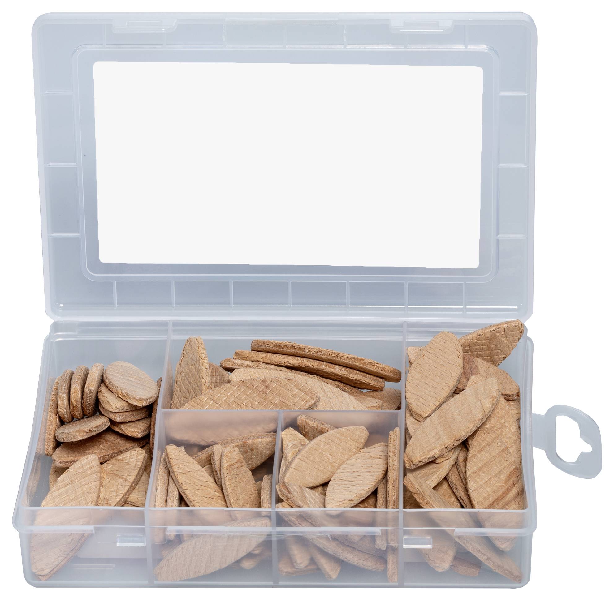 Offene Kunststoff-Organizer-Box mit mehreren Fächern, gefüllt mit assortierter Holz-Handwerkformen und Latten, Deckel offen.