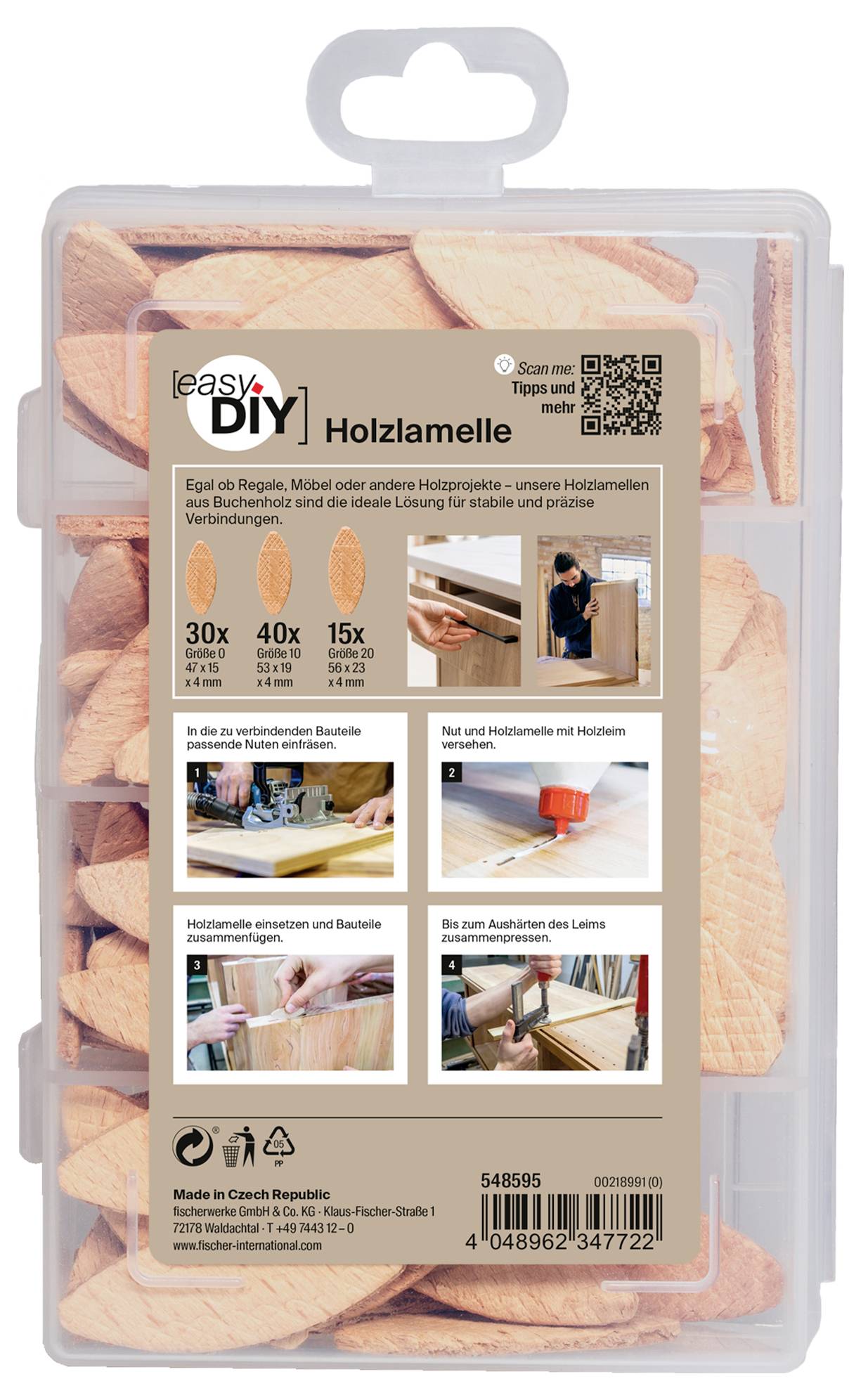 Verpackung von easyDIY Holzdübel Holzdübeln in einem durchsichtigen Kunststoffbehälter mit Griff, zeigt Produktetikett, QR-Code und Anwendungsbeispiele für Holzverbindungen.