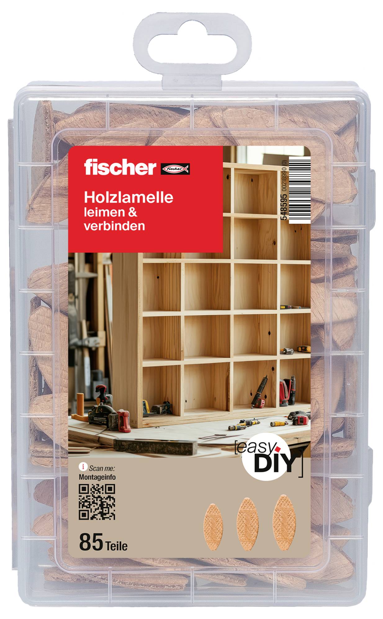 Paket aus Fischer-Holzlamellen für die Holzbearbeitung, beschriftet mit „Holzlamelle heim & verbinden