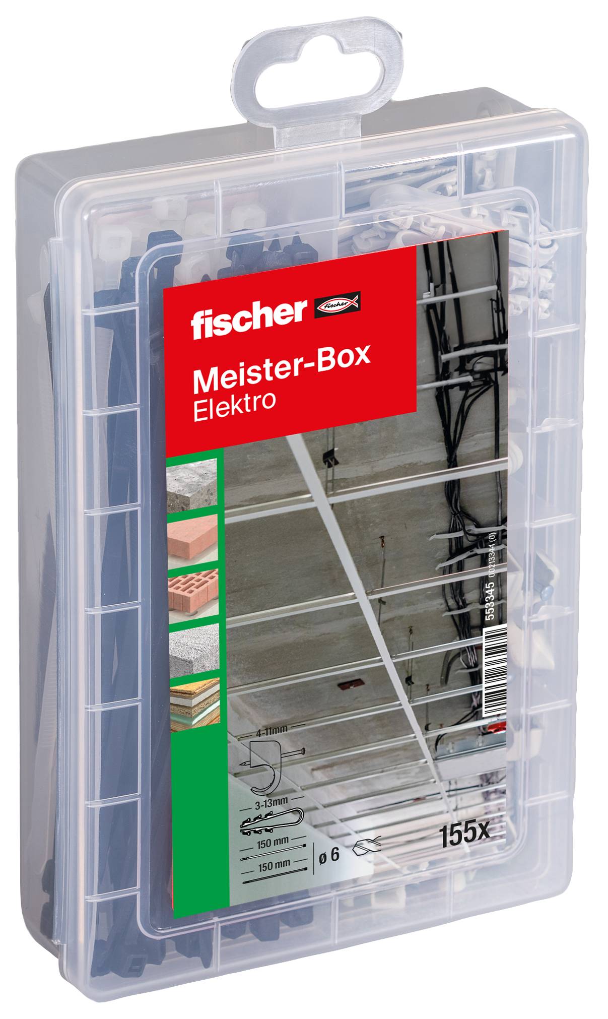 Klare Kunststofflagerkiste mit der Aufschrift „fischer Meister-Box Elektro