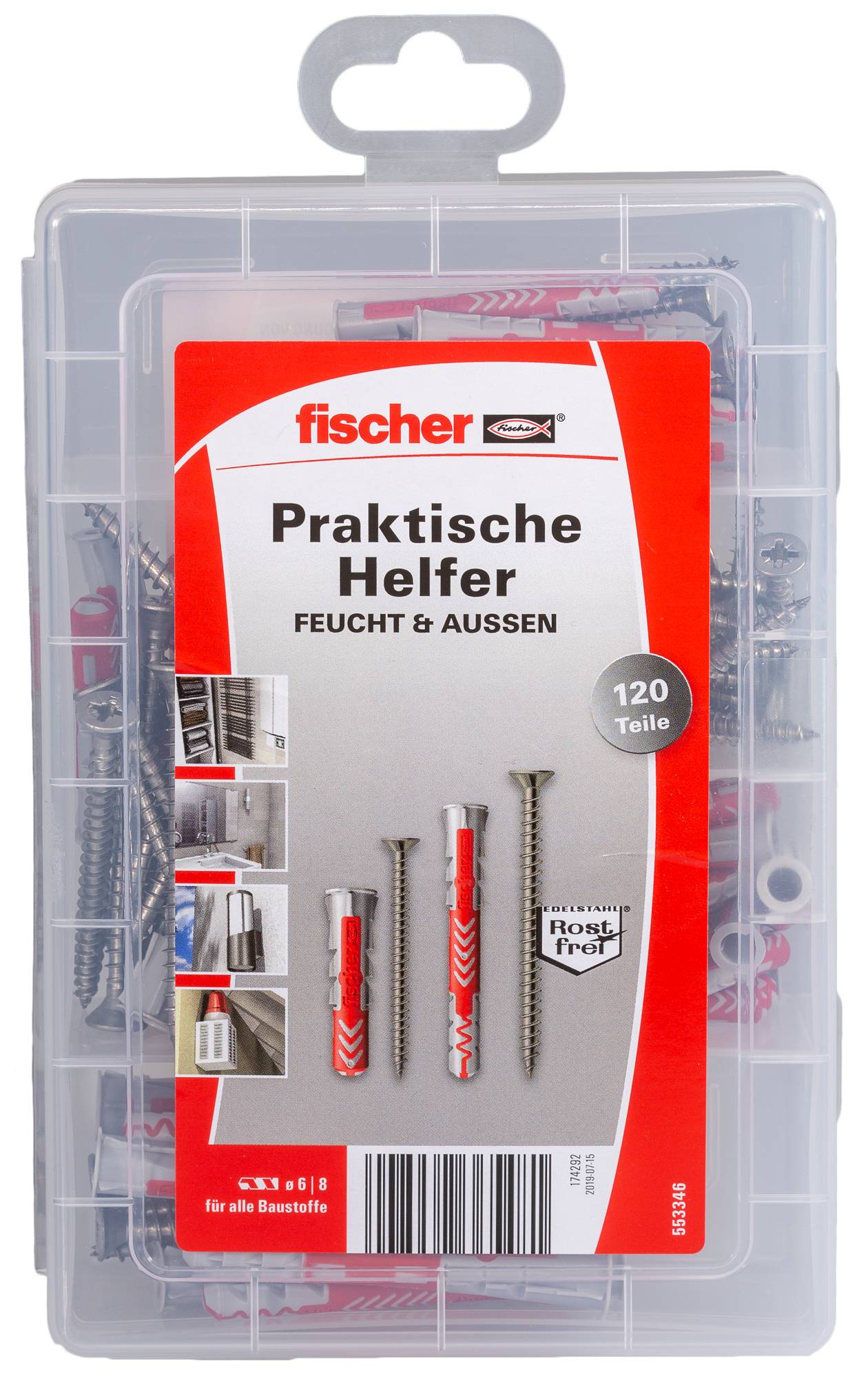 Ein praktisches Helfer-Wandmontagehardware-Set von Fisher in einem durchsichtigen Kunststoff-Aufbewahrungskoffer, gekennzeichnet mit „Praktische Helfer FEUCHT & AUSSEN" mit 120 Teilen.