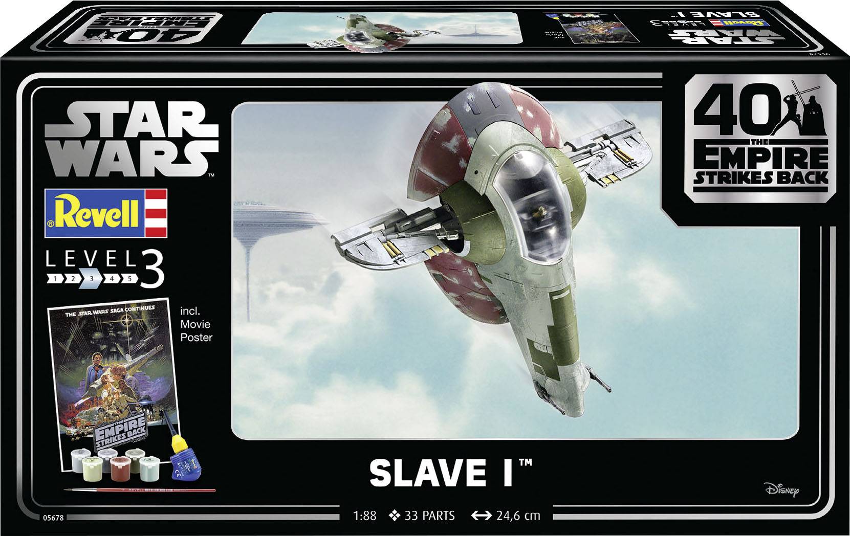 Die Verpackung zeigt das Modell 'Slave I' aus Star Wars, ein Raumschiff von Boba Fett, mit Details zum Maßstab 1:88 und 33 Bauteilen.