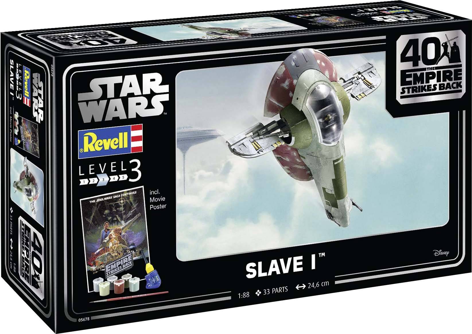 Revell Star Wars Modellbausatz 'Slave I', Maßstab 1:88, enthält 33 Teile und Poster; Verpackung zeigt Bild des Raumschiffs.