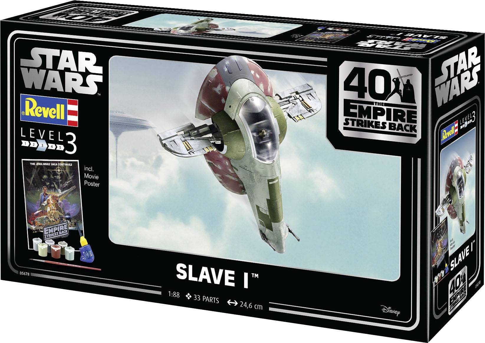 Verpackung eines Star Wars-Modellbausatzes von Revell, zeigt das Raumschiff 'Slave I' mit Zubehörabbildungen und Beschreibungen.