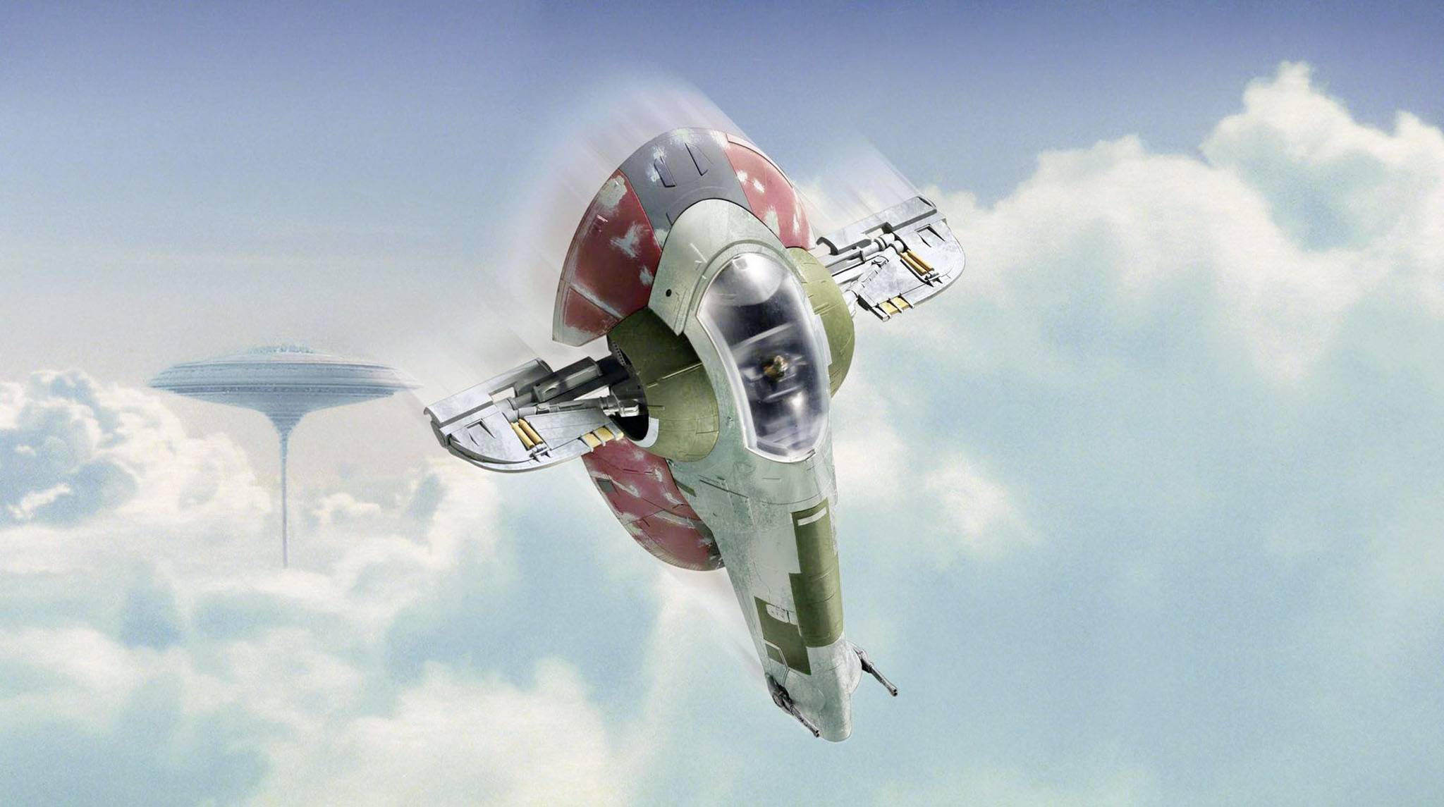 Ein futuristisches Raumschiff fliegt über eine Wolkendecke. Im Hintergrund ist eine schwebende Plattform sichtbar.