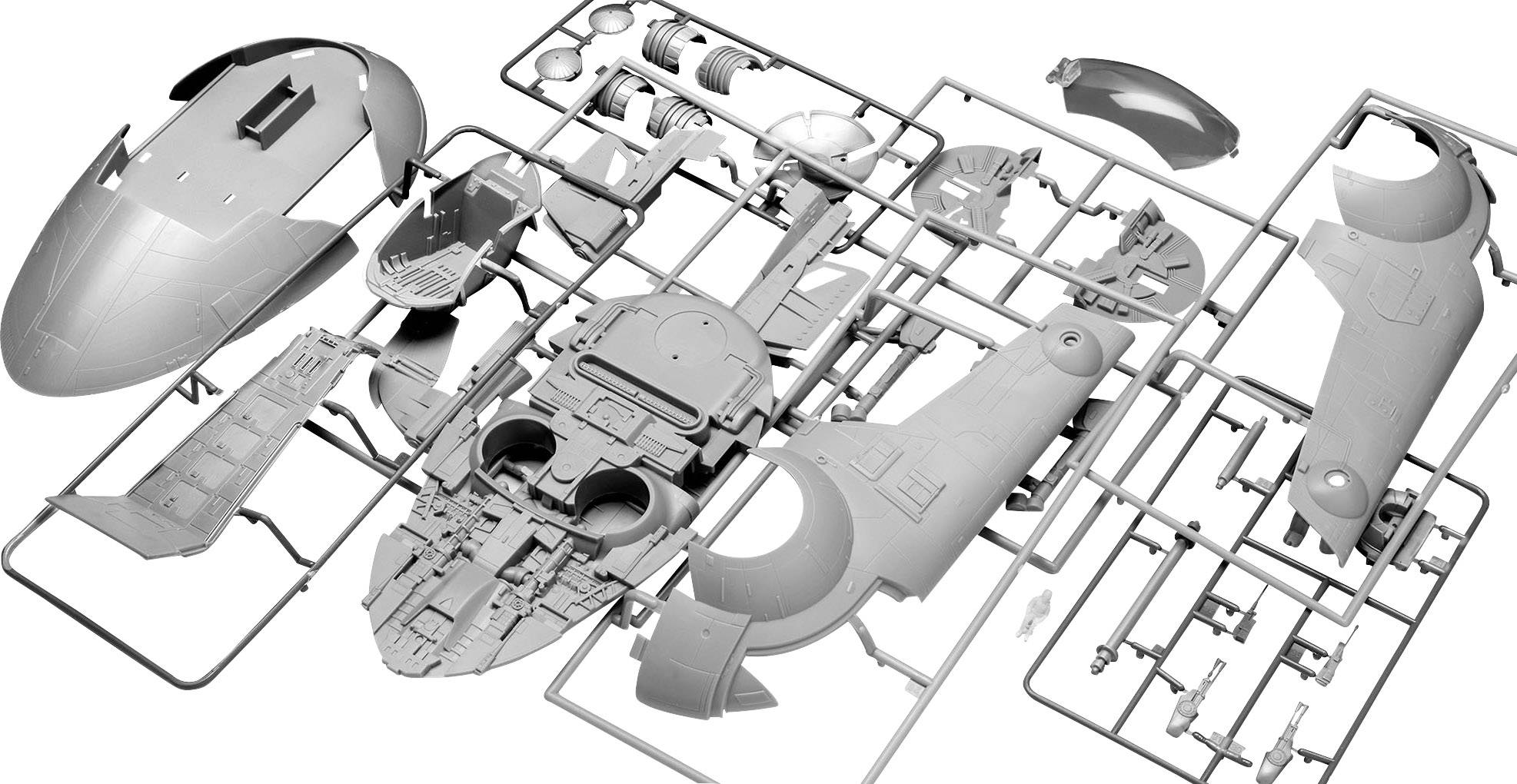 Ein unmontierter Modellbausatz eines Sci-Fi-Raumschiffs mit detaillierten Einzelteilen in einem Gitterrahmen zur Selbstmontage.