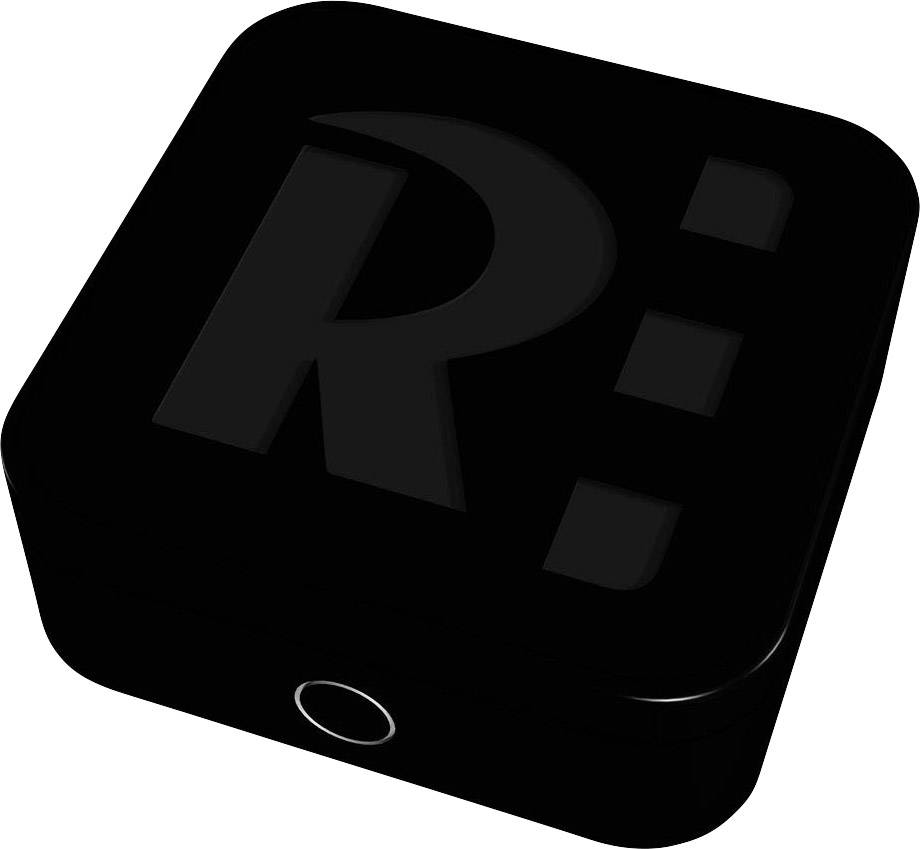 Eine kleine, schwarze quadratische Box mit einem leuchtenden Knopf an der Vorderseite, ohne sichtbare Aufschriften oder Logos.