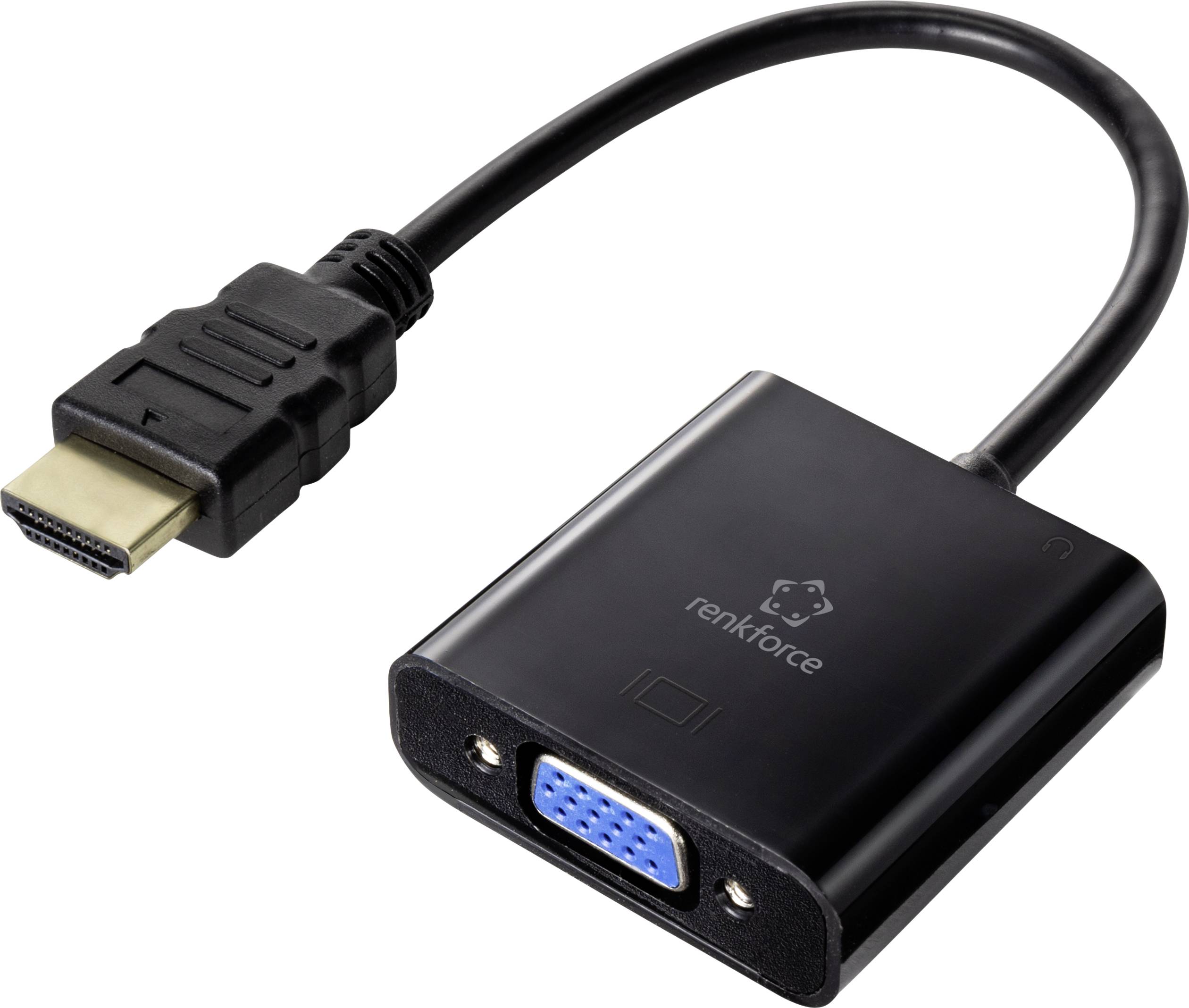 Ein HDMI-zu-VGA-Adapterkabel von Renkforce, schwarz, mit HDMI-Stecker und VGA-Buchse, zur Verbindung von HDMI-Geräten mit VGA-Displays.