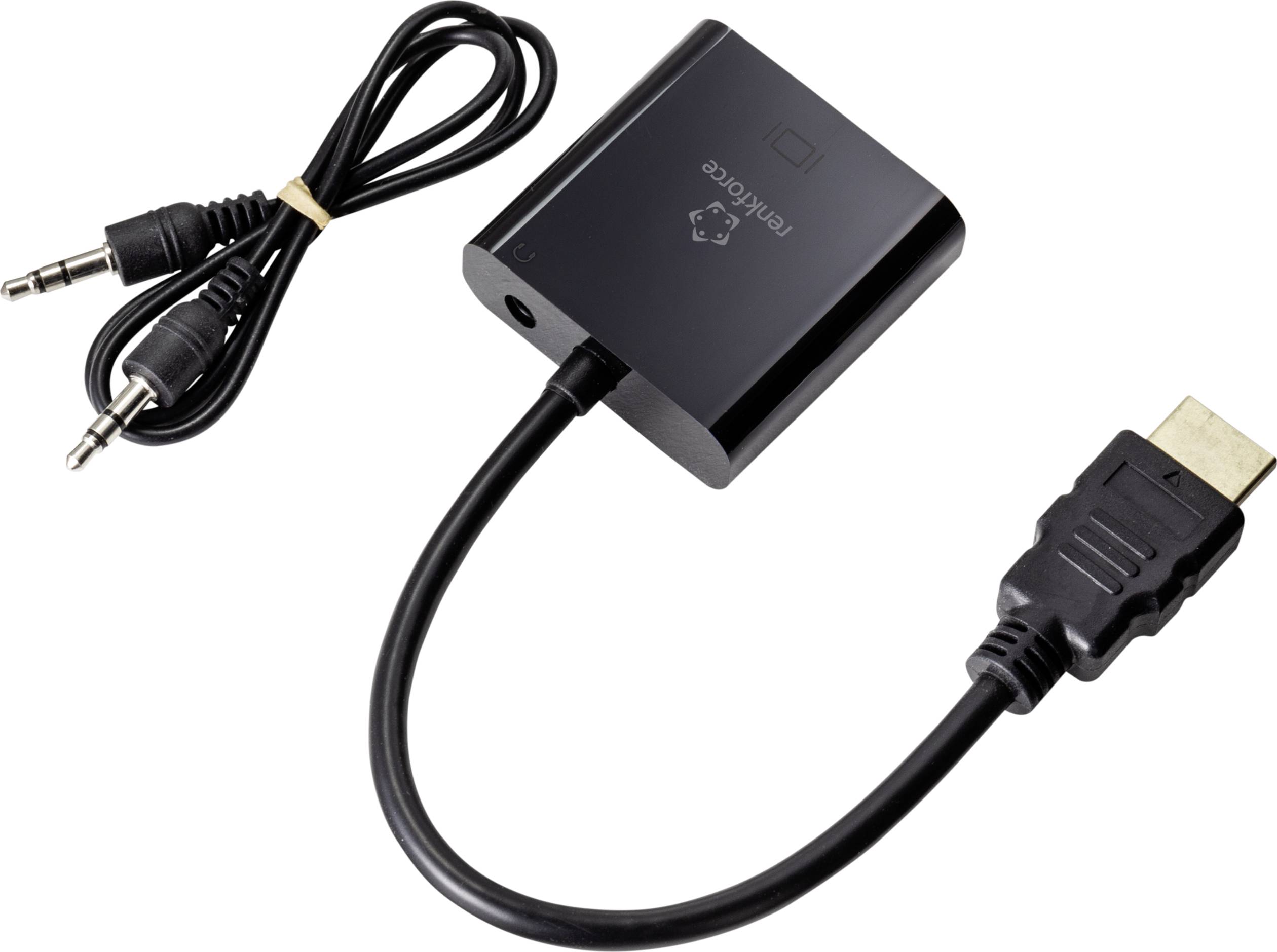 HDMI-auf-VGA-Adapter mit Audiokabel; ermöglicht den Anschluss eines HDMI-Geräts an einen VGA-Monitor oder Projektor, inkl. Tonübertragung.