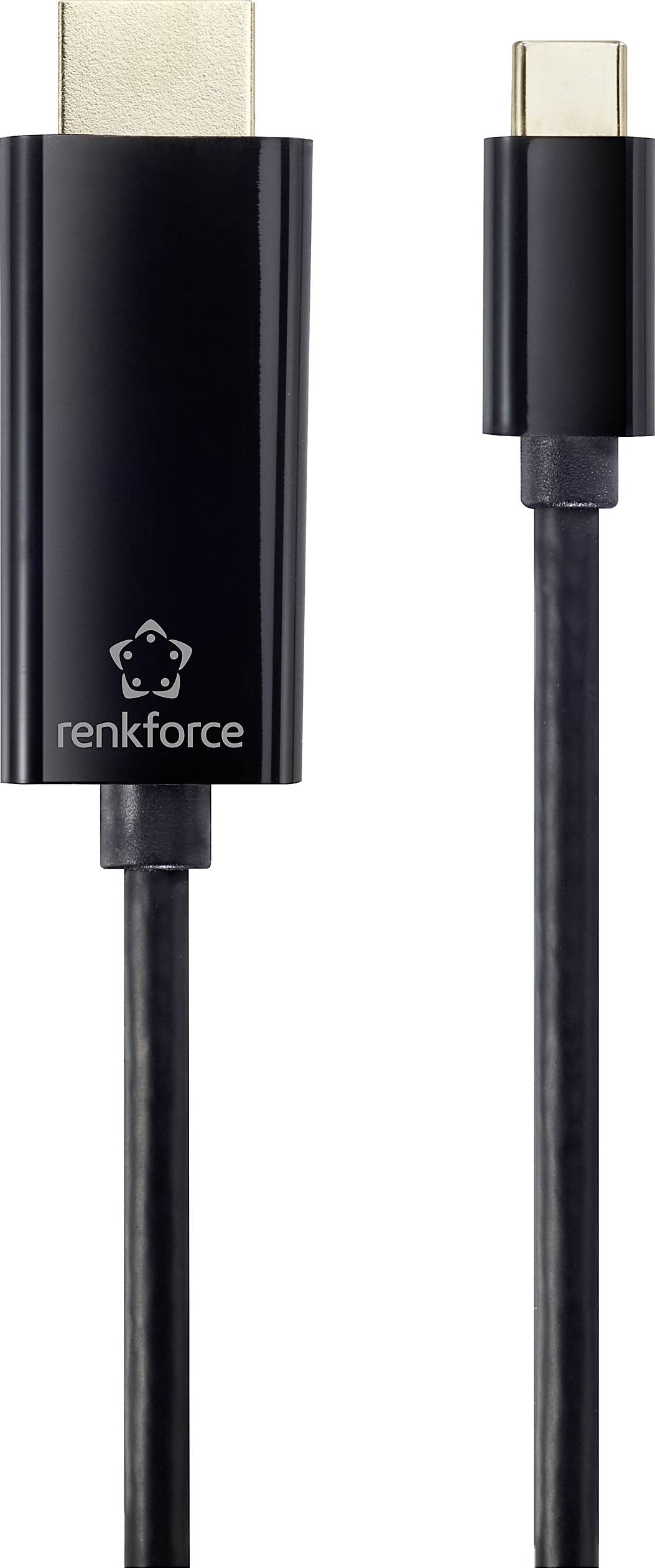 USB-C auf HDMI-Kabel von Renkforce, schwarz, geeignet für die Verbindung von Geräten mit USB-C-Anschluss zu HDMI-fähigen Bildschirmen.