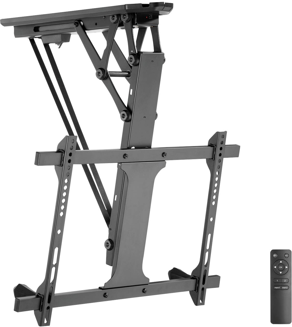 TV-Halterung für Deckenmontage mit Fernbedienung. Einstellbarer Mechanismus für verschiedene Bildschirmgrößen und Neigungswinkel.