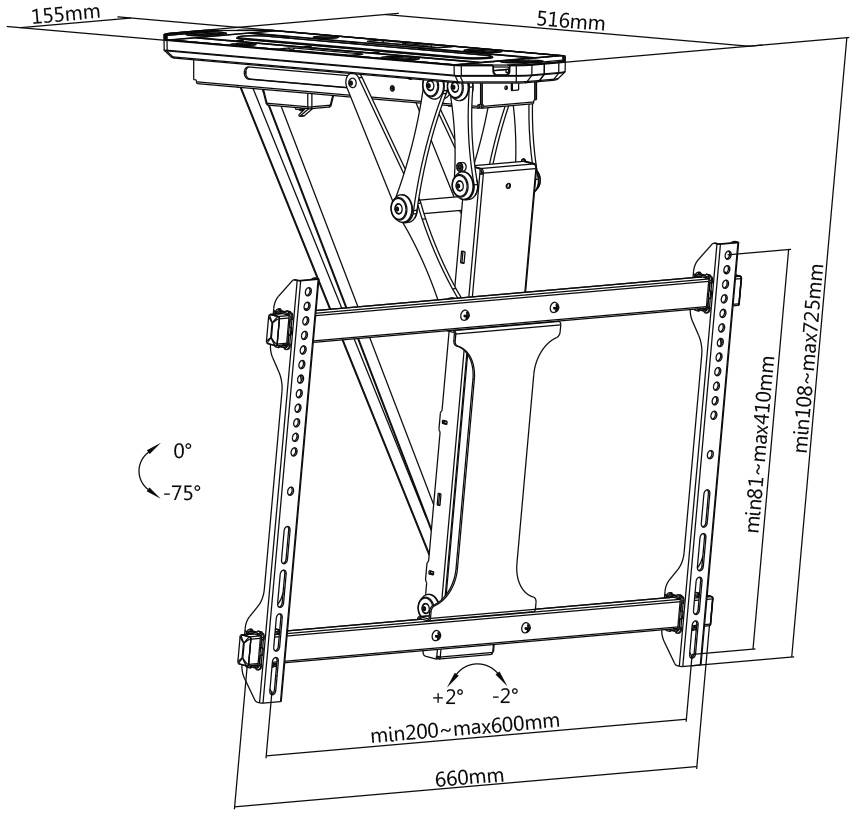 Technische Zeichnung eines verstellbaren TV-Wandhalters. Neigungsbereich 0° bis -75°, Auszugsreichweite 200–600mm, vertikale Einstellung 108–275mm.