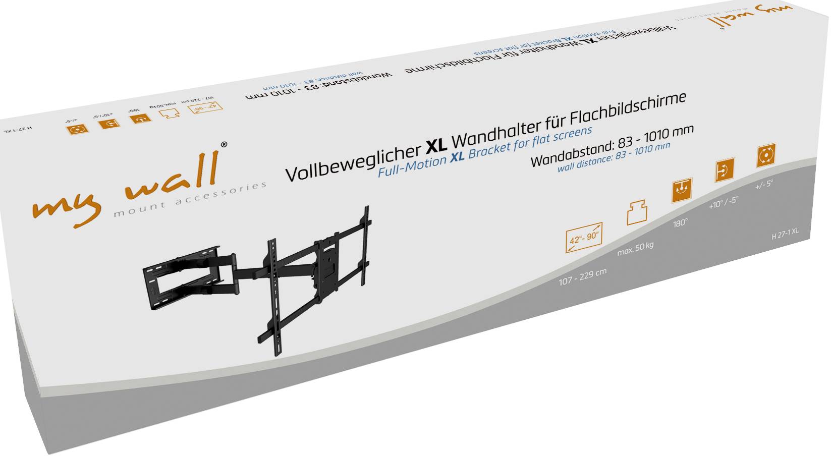 Vollbeweglicher XL Wandhalter für Flachbildschirme, passend für Bildschirmgrößen 37-70 Zoll, Wandabstand 83-1010 mm, Schwarz.