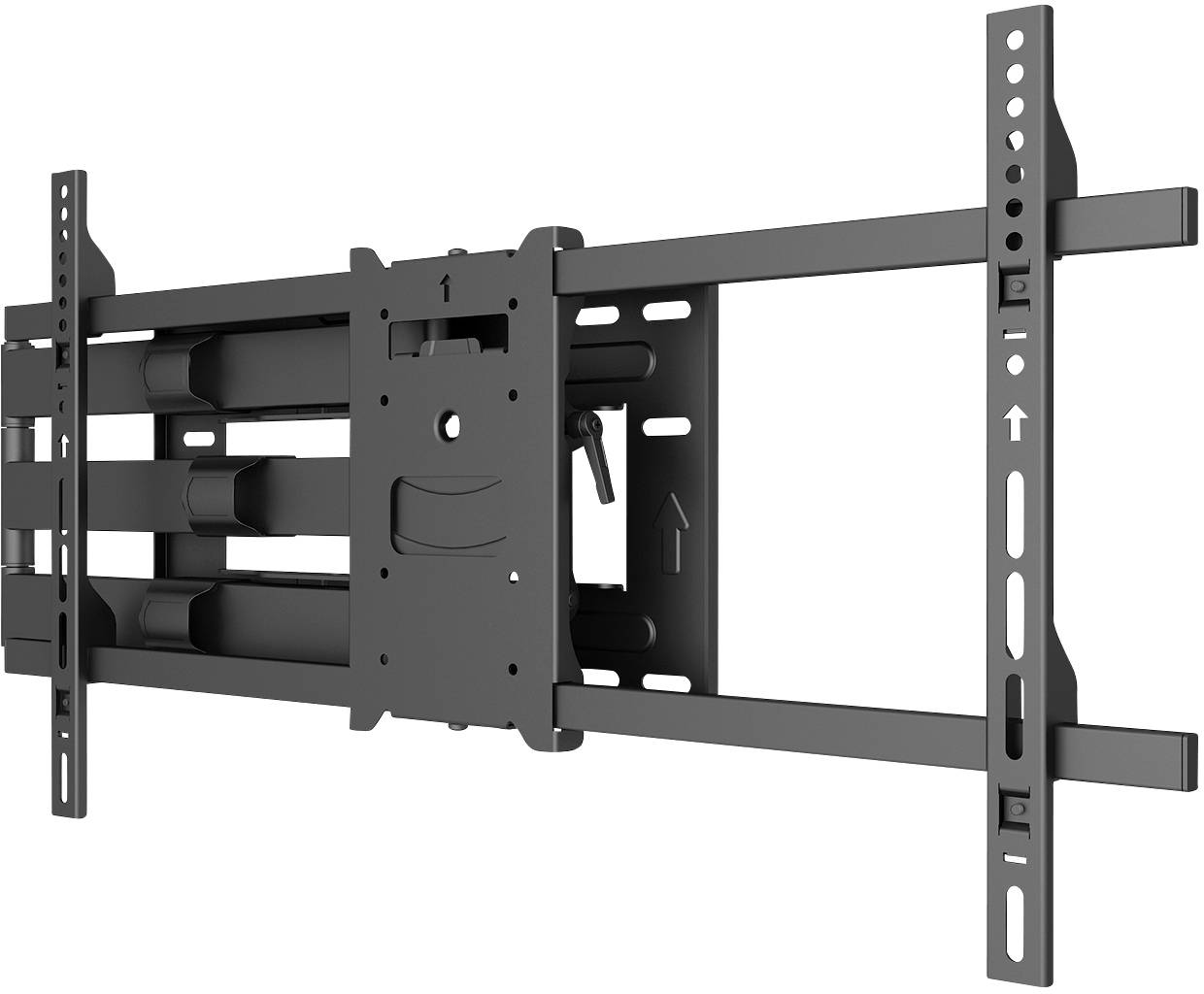 Halterung für Flachbildfernseher, schwarz, mit verstellbaren Armen und Befestigungspunkten, geeignet für verschiedene Bildschirmgrößen.