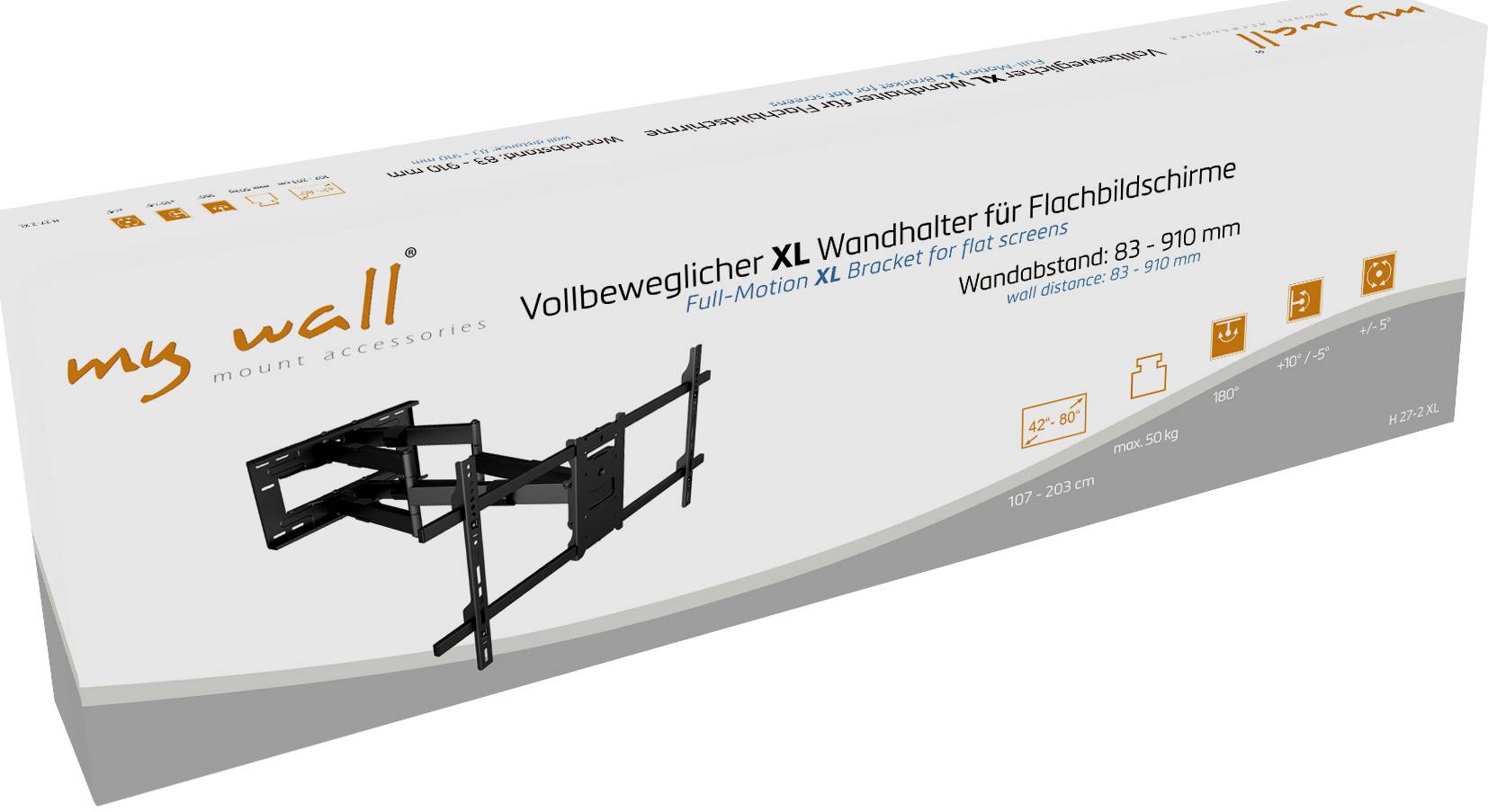 Verpackung einer vollbeweglichen XL-Wandhalterung für Flachbildschirme, passend für 83-910 mm Abstand. Enthält Montageanweisungen.