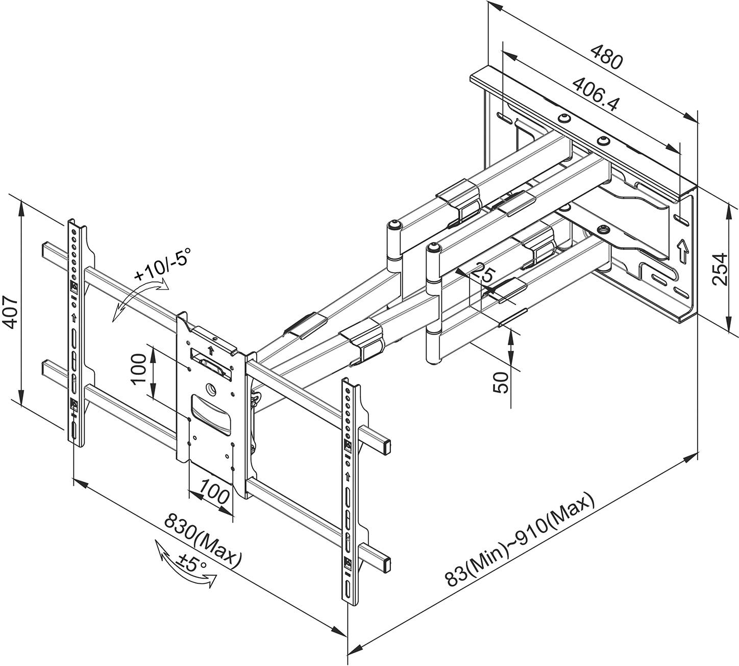 Diagramm einer verstellbaren TV-Wandhalterung mit Bemaßungen in Millimetern. Zeigt verschiedene Neigungs- und Rotationsoptionen.