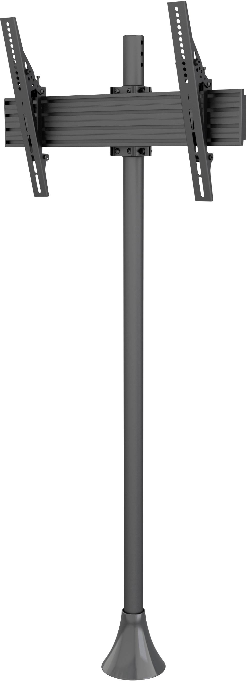 Ein schwarzer Fernseher-Wandhalter, hoch, mit verstellbarer Neigung und schwenkbaren Armen, montiert auf einem stabilen Standrohr.