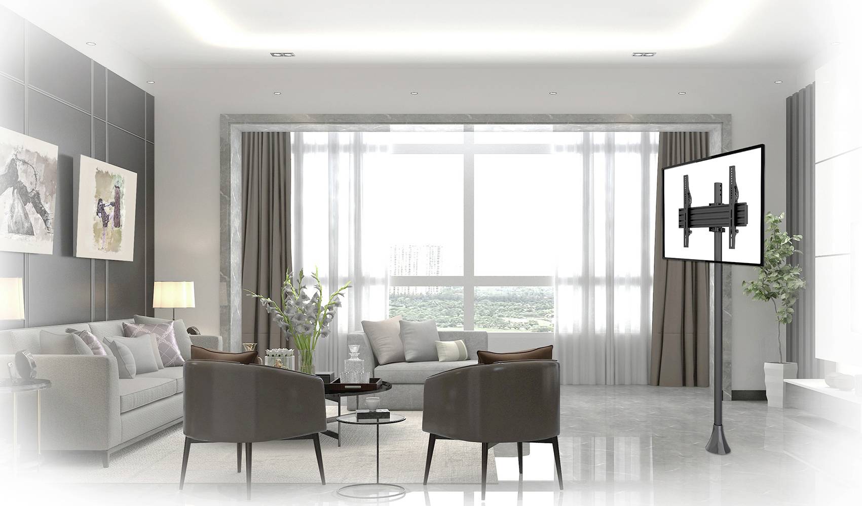 Ein modernes Wohnzimmer mit Sofas, Sesseln und einem großen Fenster im Hintergrund. Ein Fernseher steht auf einem Ständer rechts im Bild.