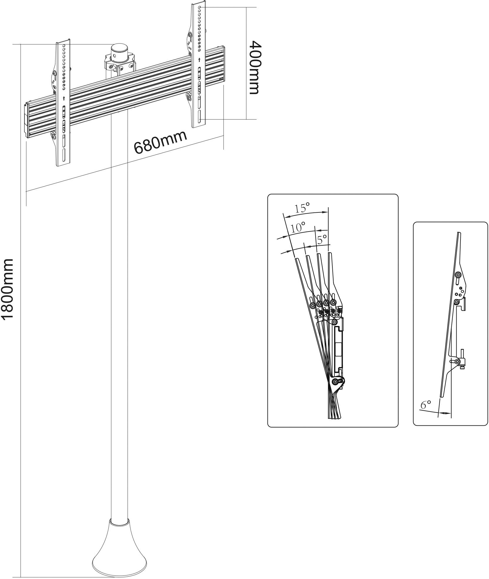 Technische Zeichnung eines Halters mit Maßangaben: Gesamtbreite 680 mm, Höhe 400 mm, Gesamthöhe mit Stange 1800 mm. Neigungswinkel 10-15 Grad.