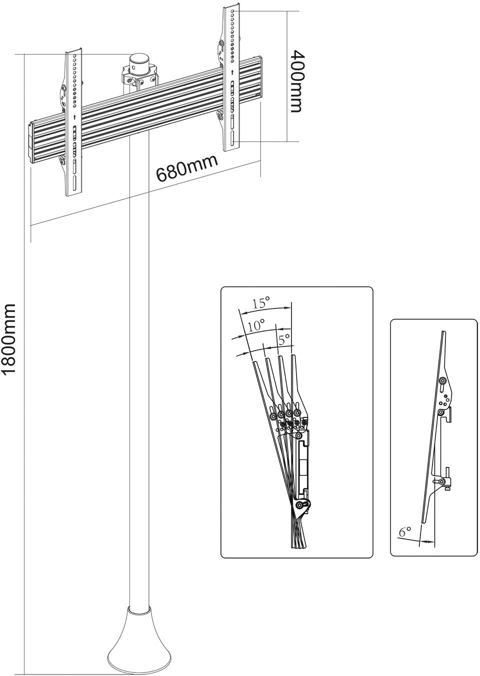 Stecksystem mit verstellbarer Höhe von 1800mm. Maße: 680mm Breite, 400mm Höhe. Neigungseinstellung: 15° Vorderansicht, 6° Seitenansicht.