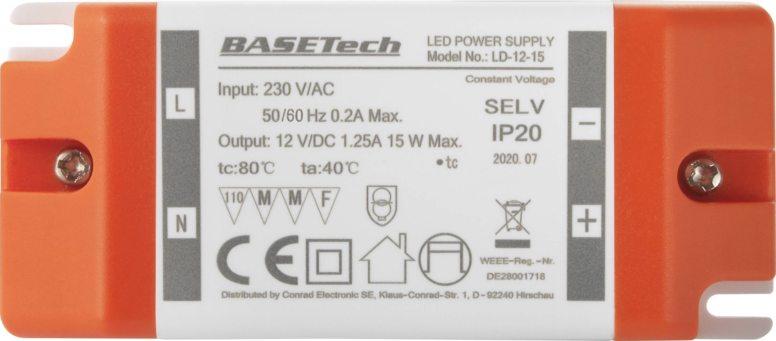 Basetech LD-12-15 LED-Trafo Konstantspannung 15W 1.25A Möbelzulassung, Überspannung, Montage auf entflammbaren Oberflächen 1St.