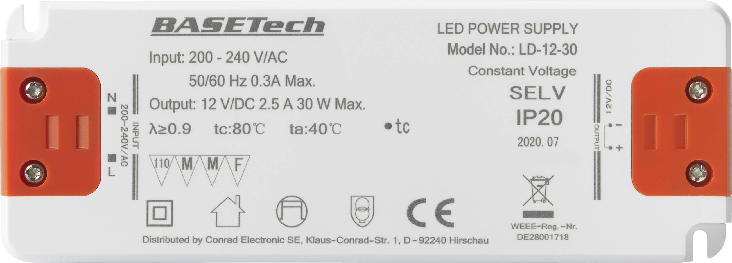 Basetech LD-12-30 LED-Trafo Konstantspannung 30W 2.5A Möbelzulassung, Überspannung, Montage auf entflammbaren Oberflächen 1St.