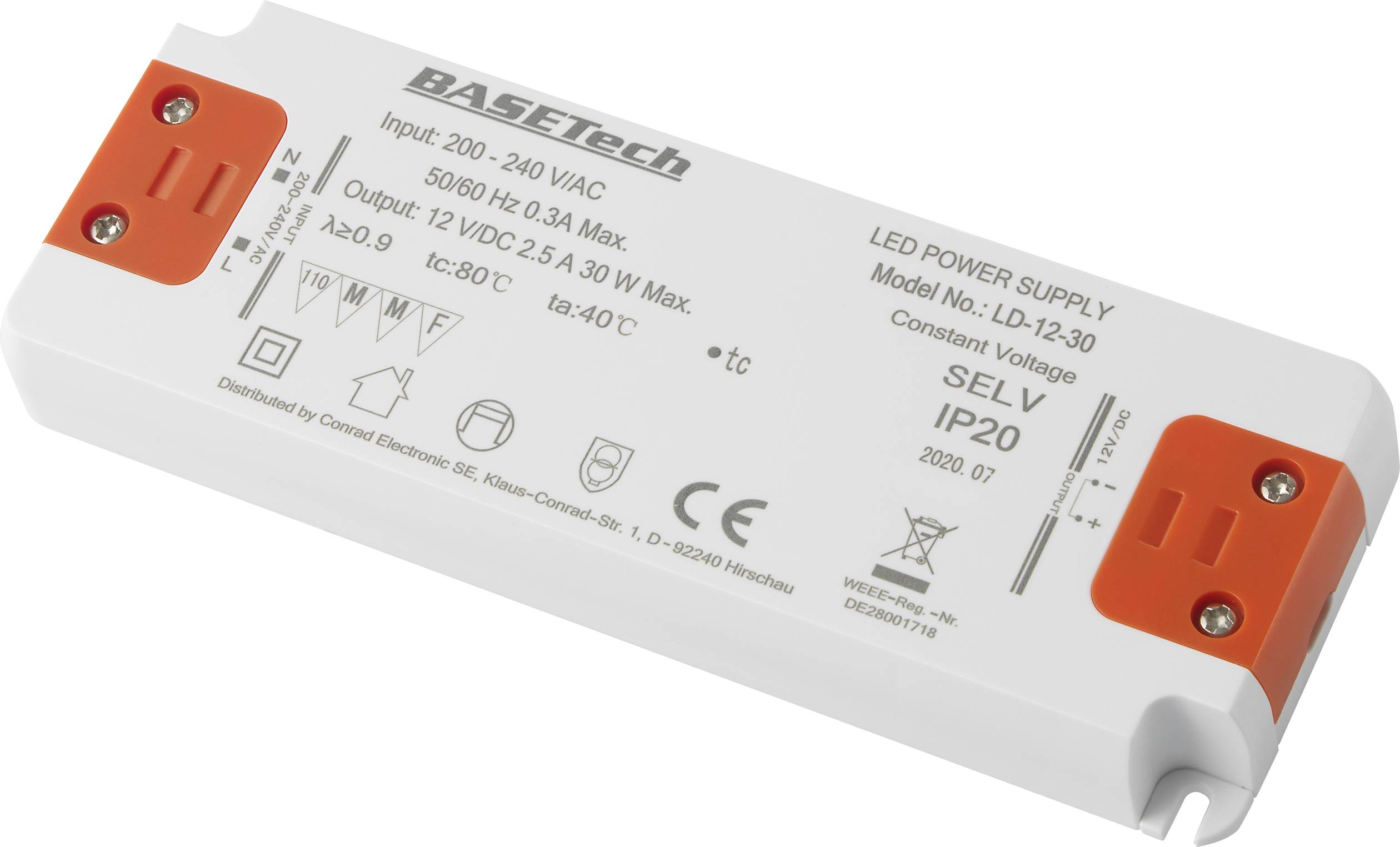 Basetech LD-12-30 LED-Trafo Konstantspannung 30W 2.5A Möbelzulassung, Überspannung, Montage auf entflammbaren Oberflächen 1St.