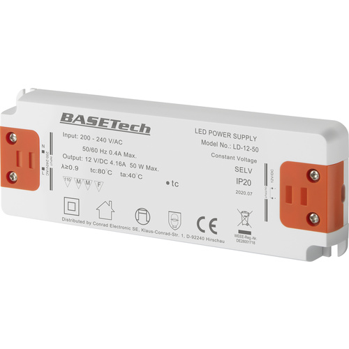 Basetech LD-12-50 LED-Trafo Konstantspannung 50 W 4.16 A Möbelzulassung, Überspannung, Montage auf